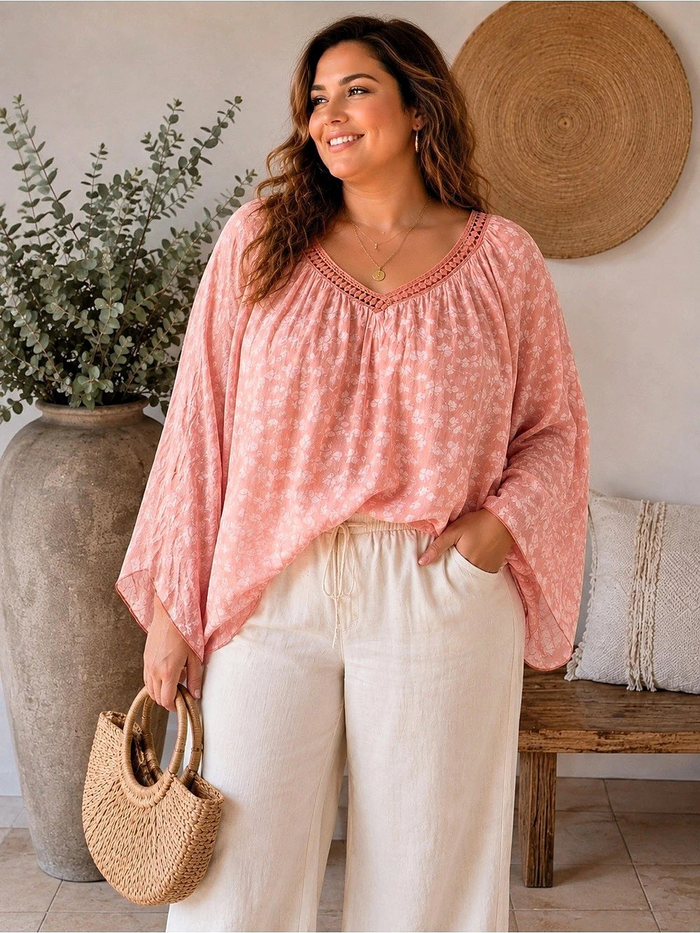 Elena Baldi Silk Floral Overlay Crochet-Trim Blouse Pink & White